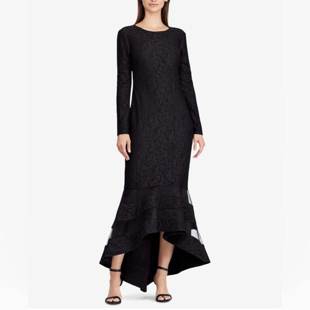 Ralph Lauren Womens Fluted Lace Gown Dress Long Sleeve Striped Hem Evening 2 - Picture 1 of 15